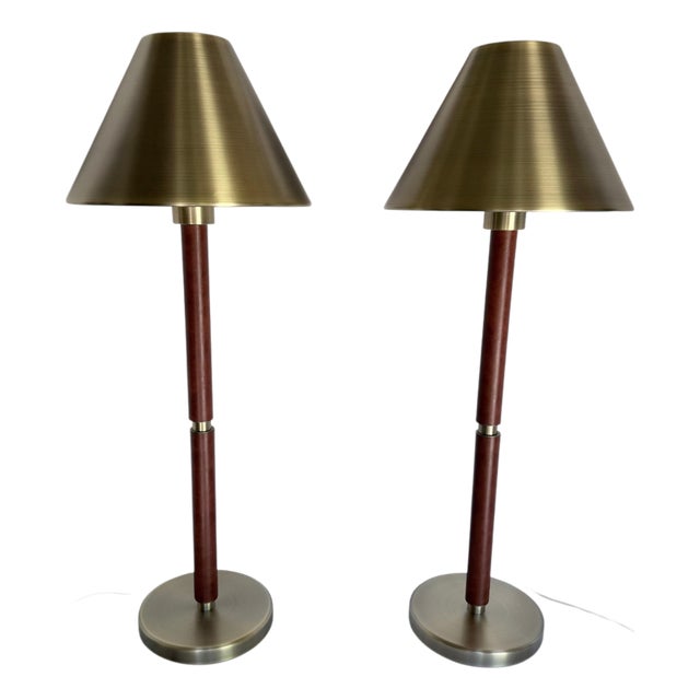 Ralph Lauren Brass and Leather Candlestick Table Lamps, Pair For Sale