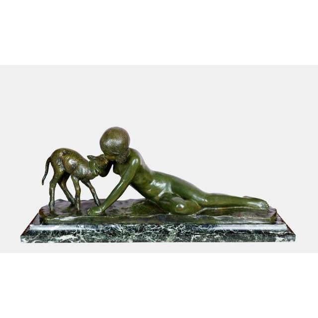 Ary bitter (1883 marseille - 1973 paris), girl with kid, around 1930. Green patinated bronze with cast plinth loosely...