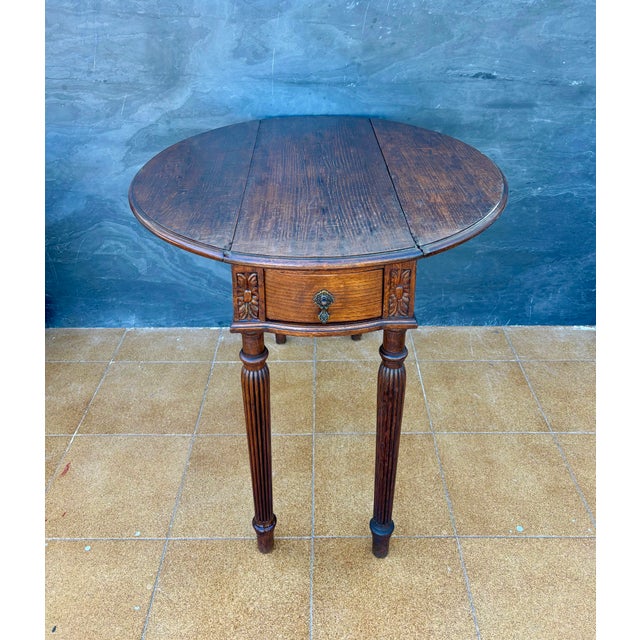 Spanish Neoclassical Oak Drop-Leaf Table with Drawer, 1940s For Sale - Image 12 of 13