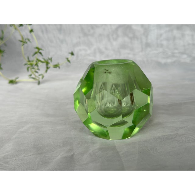 Contemporary Vintage Faceted Green Glass Candlestick Holder or Paperweight For Sale - Image 3 of 11