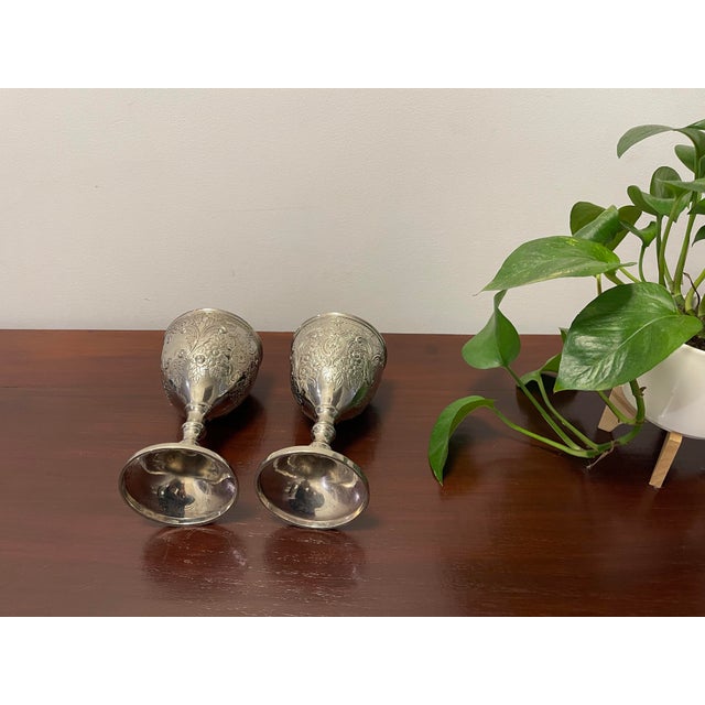 Chinoiserie Antique 19th Century Chinese Export Solid Silver Repoussé Goblets - A Pair For Sale - Image 3 of 6