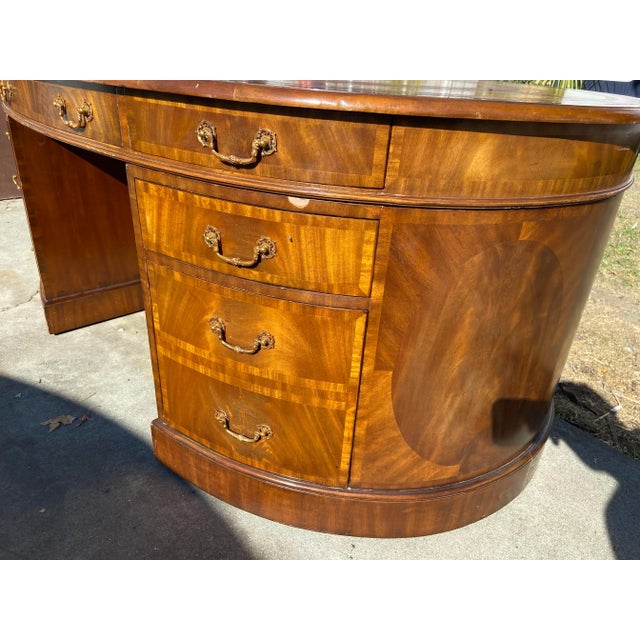 Victorian Vintage Maitland Smith Oval Partners Desk Victorian Burl Wood Style, Needs Restoration For Sale - Image 3 of 12