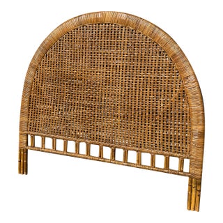 Vintage Round Rattan Wicker Full Headboard in Coastal Boho Chic Modern Style For Sale