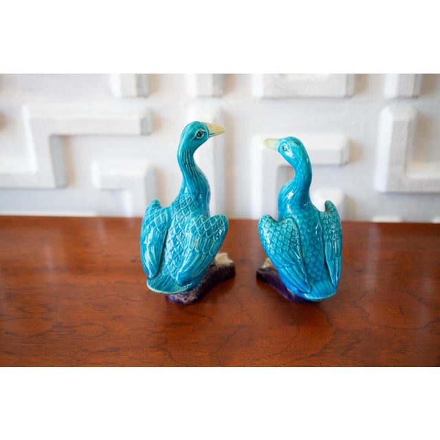 Chinese 1960s Mid-Century Chinese Ceramic Turquoise Ducks - a Pair For Sale - Image 3 of 8