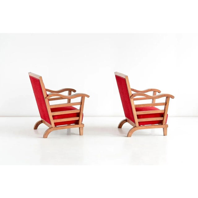 Red Set of French Oak & Elm Armchairs by Marguerite Dubuisson, 1947 For Sale - Image 8 of 10