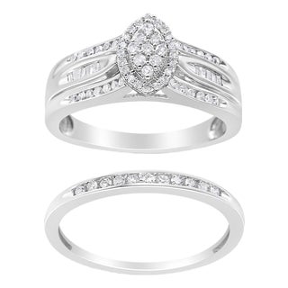 .925 Sterling Silver 1/2 Cttw Round and Baguette-Cut Diamond Engagement Bridal Set (I-J Color, I1-I2 Clarity) - Size 7 For Sale
