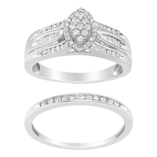 .925 Sterling Silver 1/2 Cttw Round and Baguette-Cut Diamond Engagement Bridal Set (I-J Color, I1-I2 Clarity) - Size 7 For Sale