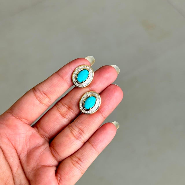 Contemporary Vintage-Style 2.42ct Turquoise Cabochon Diamond Stud Earrings in 14k Yellow Gold- A Pair For Sale - Image 3 of 15
