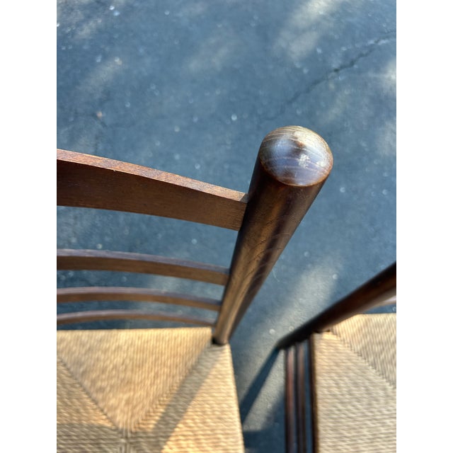 Set of 2 Vintage Dark Wood and Rush Seat Ladder Back Chairs For Sale - Image 4 of 10