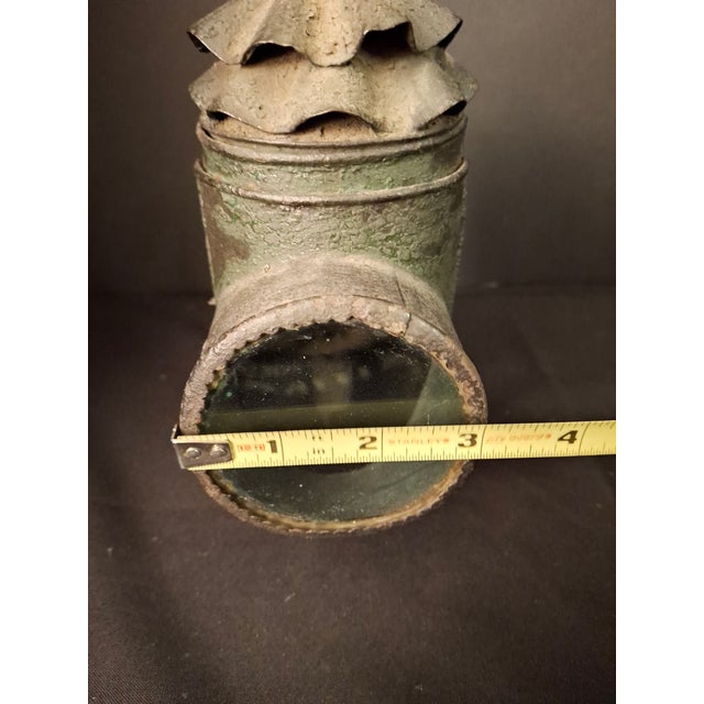 American Antique Tin Bullseye Candle Lantern Crimped Top Green Painted Belt Lamp For Sale - Image 3 of 18