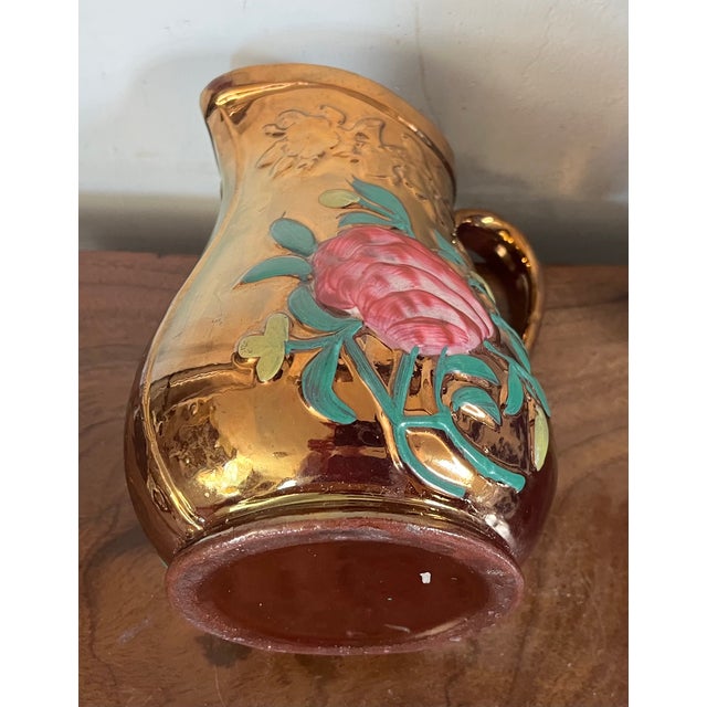 Antique 19th Century English Regency Staffordshire Copper Luster Pitcher With Relief Molded Pink Roses For Sale - Image 13 of 14