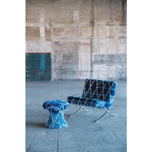 New foam , new navy blue cotton webbing/straps, reupholstered with Moroccan rug shaggy blue background and white diamond...