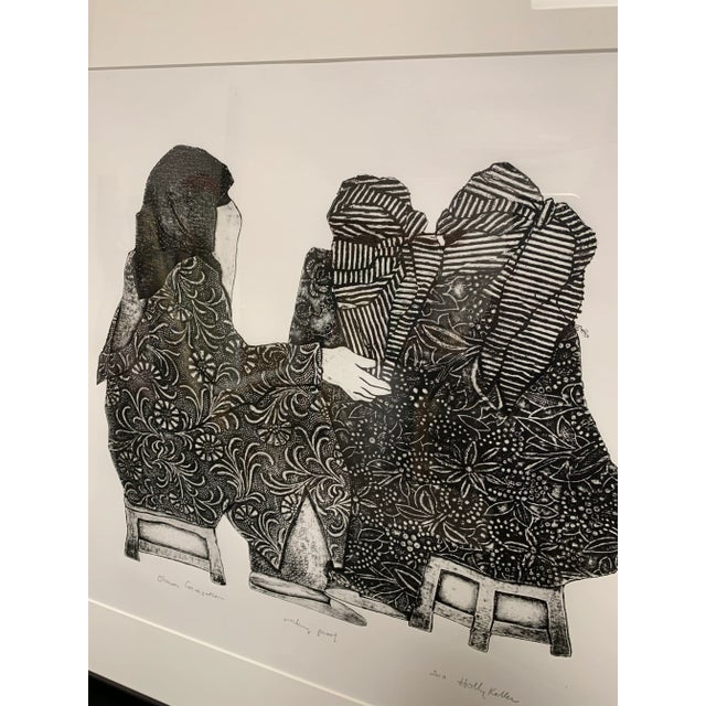 Dated from 2010. Made by New Haven, CT artist Holly Keller. Titled "Obscure Conversation". Print depicting three figures...