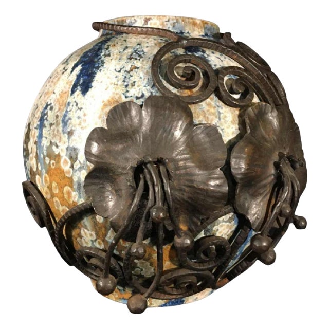 Art Deco Ball Vase in Stoneware and Wrought Iron by Roger Guérin & François Carion, 1925 For Sale