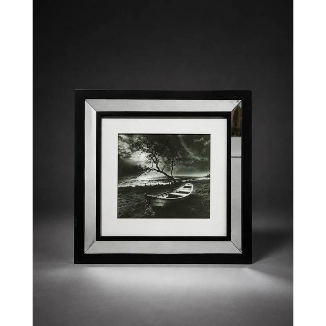 Framed Black and White Boat Photograph With Mirrored Frame For Sale - Image 4 of 5