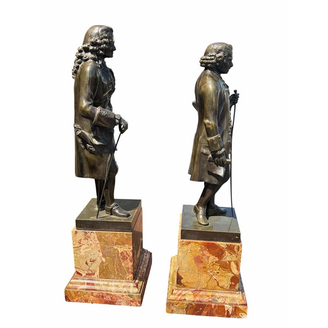 French Fine Pair 19th Century Bronze & Marble Classical Sculptures Voltaire & Rousseau For Sale - Image 3 of 11