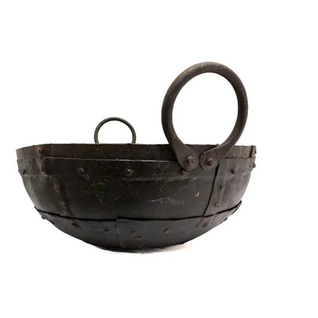 Metal Vintage Round Hand Hammered Metal Bowl W/ Two Handles For Sale - Image 7 of 10