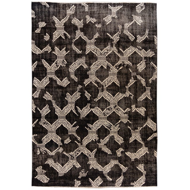 Vintage Mid-Century-Style Black Handmade Wool Rug For Sale - Image 9 of 9