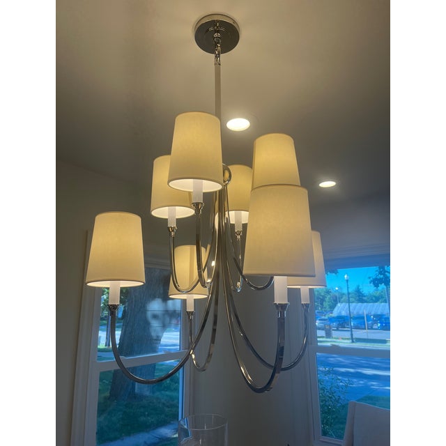 Polished Nickel with Natural Linen shades O/A Height: 37.5" Min. Custom Height: 30" Width: 26.5" Canopy: 5.25" Round...