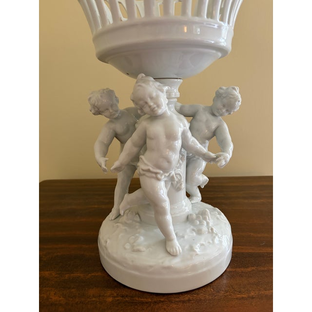 Antique Italian Neoclassical Porcelain Reticulated Basket on Pedestal With Putti For Sale - Image 4 of 10