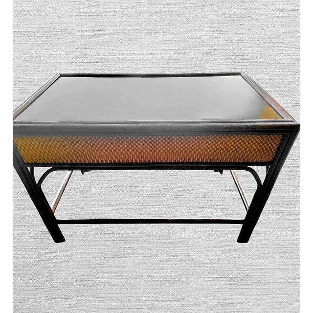 Wood Vintage Cane Tortoiseshell 2 Drawer Campaign British Colonial Black Plexi Glass Top Writing Desk For Sale - Image 7 of 13