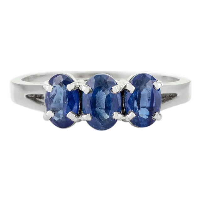 Three Stone Blue Sapphire Promise Ring in Silver- Size 7.5 For Sale