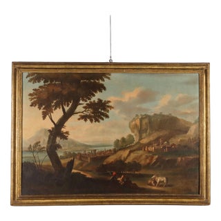 Landscape with Buildings and Shepherds, 1700s, Oil on Canvas For Sale