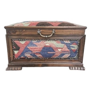 Oversized Vintage Victorian Style Fruitwood and Needlepoint Upholstered Chest For Sale