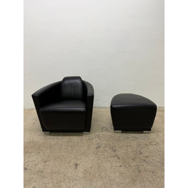 Enzo Luca Art Deco Revival Leather Lounge Chairs and Footrests, 1990s - A Pair For Sale In Miami - Image 6 of 18