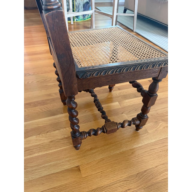 Set of Six Antique Jacobean Revival Carved Oak Barley Twist Rush Seat Dining Chairs, C. 1900 For Sale - Image 4 of 10