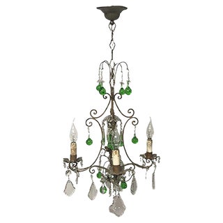 Vintage Italian Crystal Chandelier with Green Murano Glass Drops For Sale