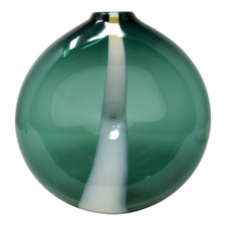 Hand-Blown Dimpled Green Glass Vase With White Stripe For Sale
