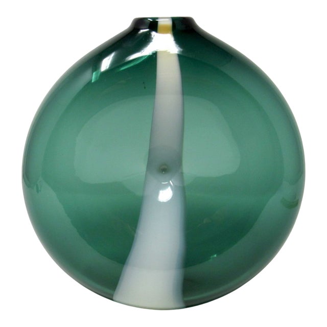 Hand-Blown Dimpled Green Glass Vase With White Stripe For Sale