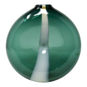 Hand-Blown Dimpled Green Glass Vase With White Stripe