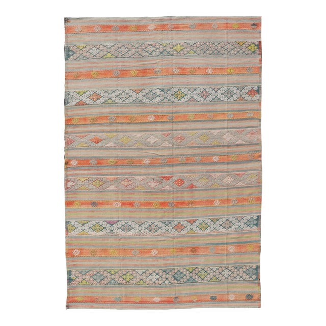 Colorful Vintage Turkish Embroidered Kilim With Stripe's and Geometric Motifs For Sale