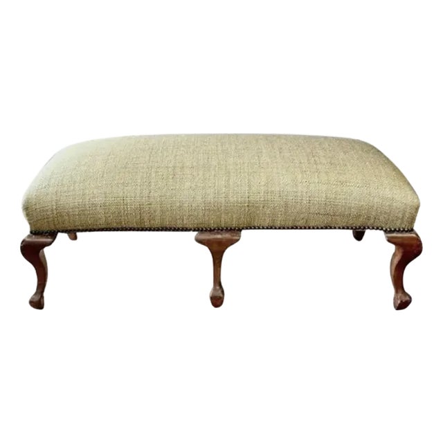Antique Cabriolet Leg Ball and Pad Foot Bench in a New Raffia Upholstery With Nail Heads For Sale