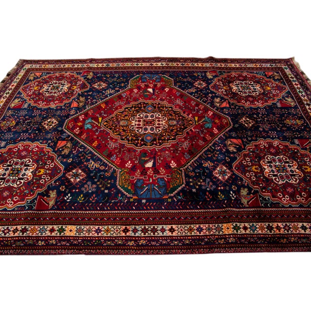 1960s Vintage Handmade Persian Blue Medallion Wool Rug 6'8" X 10'2" For Sale - Image 5 of 12