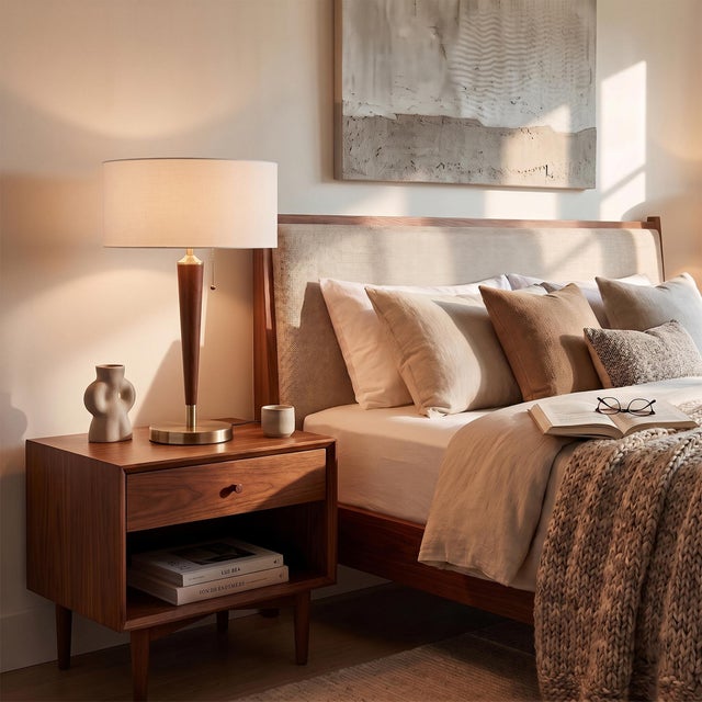Pasadena Table Lamp 27" H - Mid Century Modern, Weathered Brass, Dark Walnut Tapered Body, Dimmable, Bulb Included For Sale In Los Angeles - Image 6 of 6