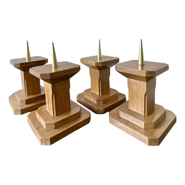 Vintage French Oak Candleholders, 1940s, Set of 4 For Sale
