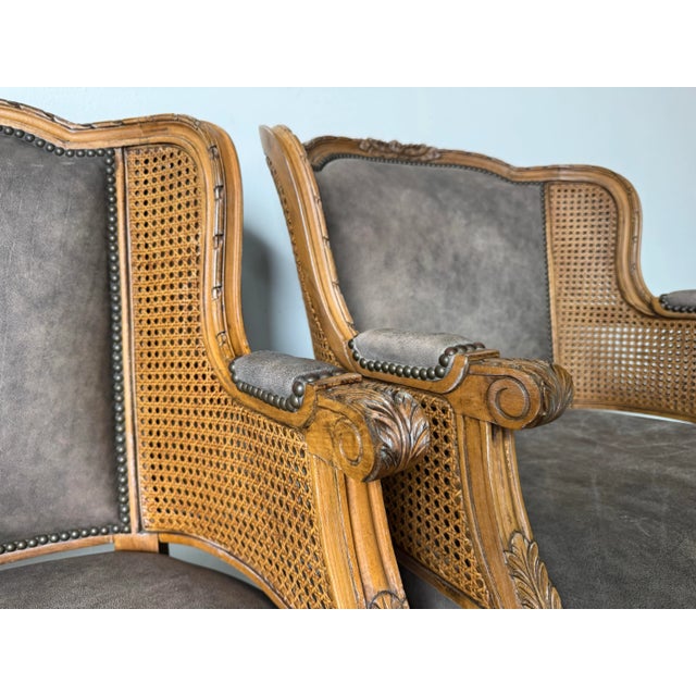 French Vintage Century Furniture Louis XVI–Style Double Cane and Leather Club Chairs – A Pair For Sale - Image 3 of 12