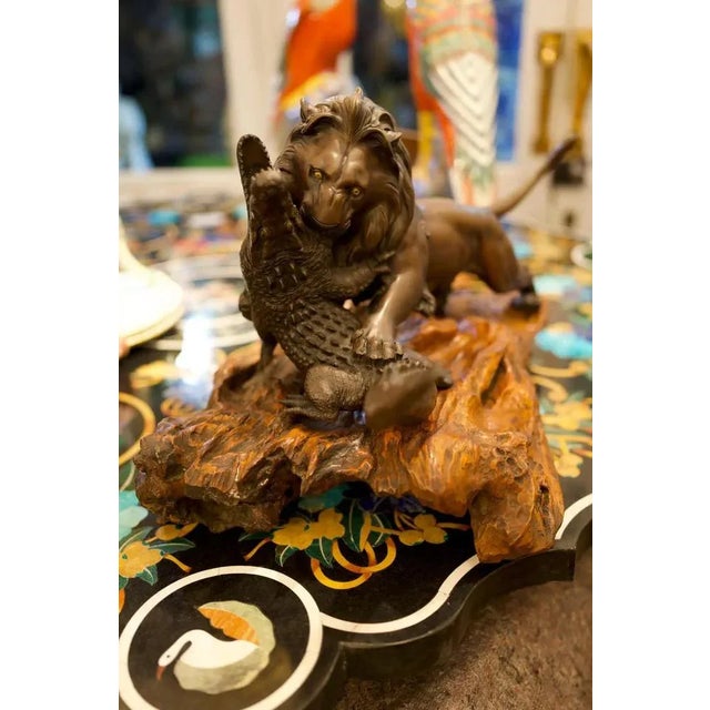 19th Century Bronze Lion and Crocodile on Hardwood Base For Sale - Image 4 of 9