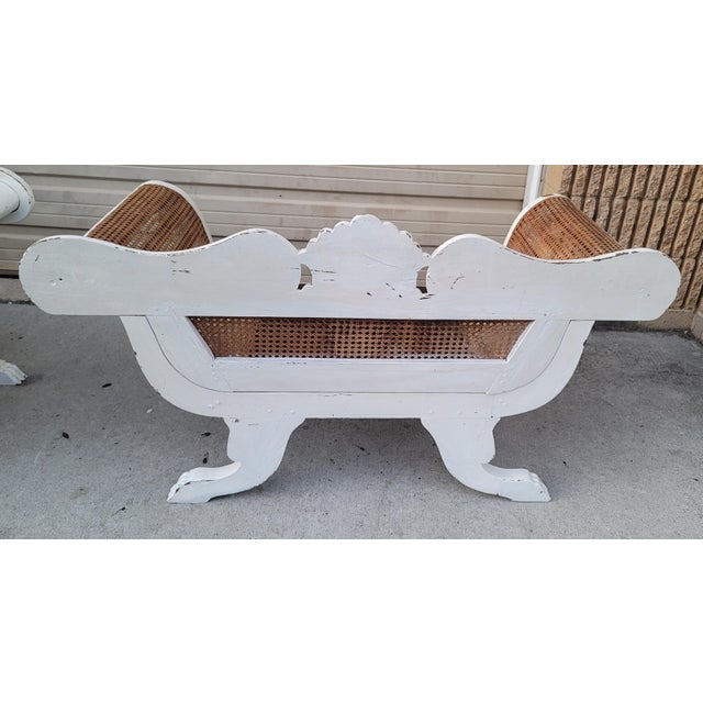 19th Century Painted Antique Anglo-Indian Colonial Caned Leather Seat Settees -- a Pair For Sale - Image 5 of 13