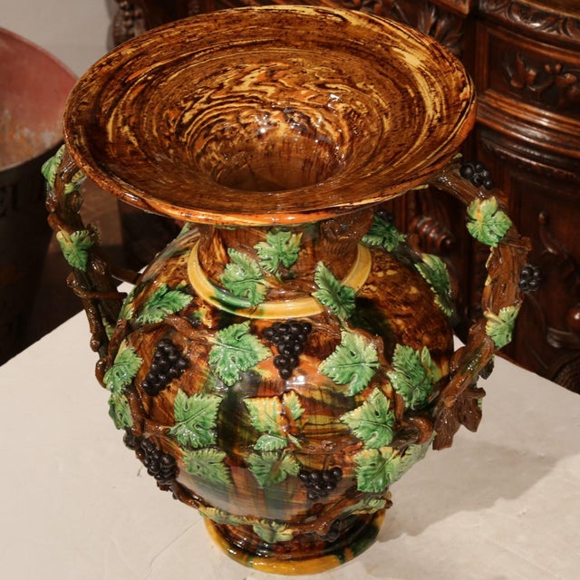 19th Century French Painted Ceramic Barbotine Vase With Vine, Grape & Leaf Decor For Sale - Image 4 of 10