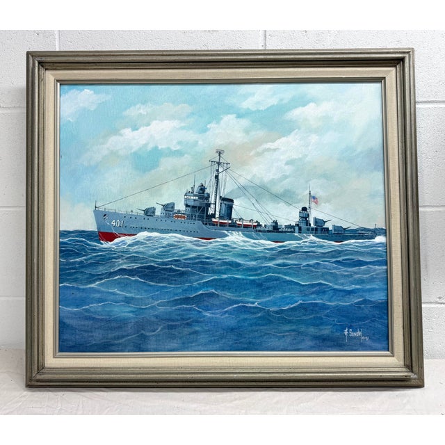 This vintage original U.S. Navy battle ship seascape oil painting by A. Sundal is a unique and very well done piece of...