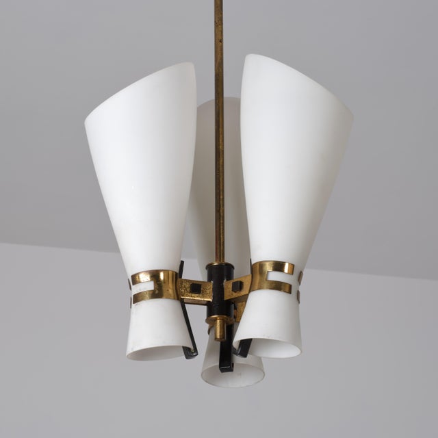 1950s Italian Brass, Black Metal and Opaline Glass 3-Light Pendant, 1950s For Sale - Image 5 of 9