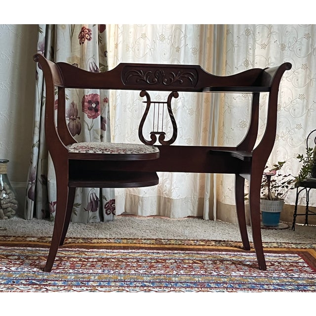 Traditional Vintage Mahogany Lyre Back Telephone Table With Gossip Bench Seat For Sale - Image 3 of 13