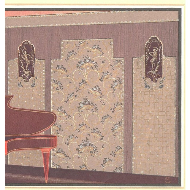 1920s French Art Deco Interior Wall Decor Design Lithograph-Piano Music Room Matted For Sale - Image 4 of 4