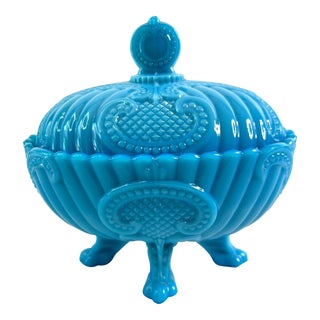Antique Vallerysthal Blue Robins Egg Glass Covered Dish Oval Rib & Scroll, France For Sale
