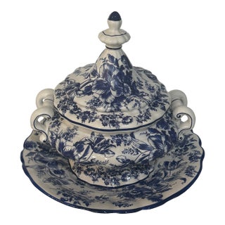 Mid 20th Century Royal Worcester Blue & White Floral Covered Tureen With Underplate For Sale