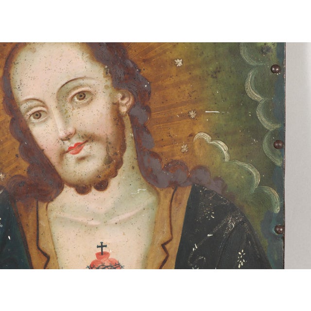 19th Century Sacred Heart of Jesus, Oil on Tin Over Panel, 19th Century For Sale - Image 5 of 12